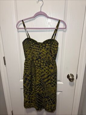 Olive Patterned Spaghetti-Strap Mini Dress
